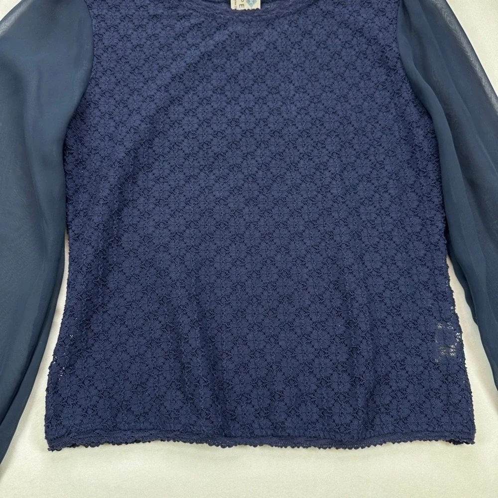 Free‎ People Navy Blue Textured Top Sheer Balloon Long Sleeve Blouse XS